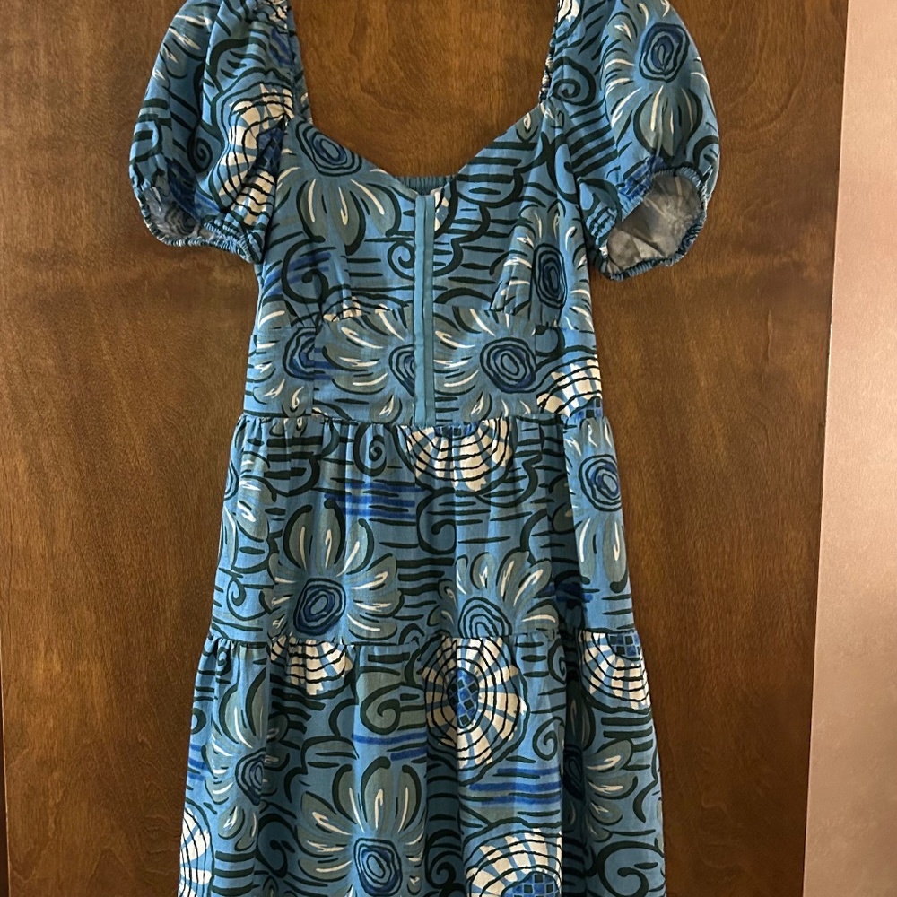 House of Harlow Linen Blend Puff Sleeves Blue Print Floral Mini Dress